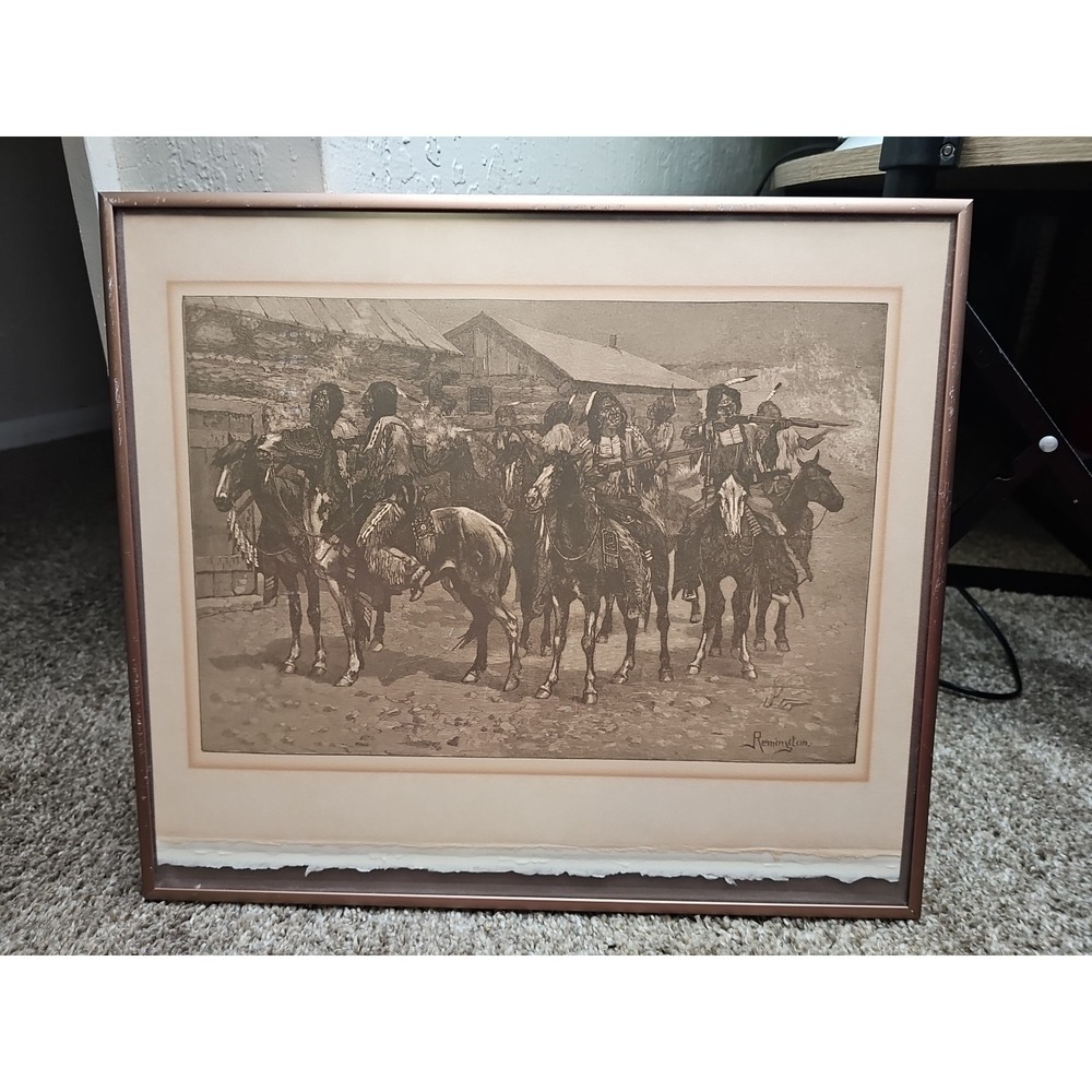 Frederic Remington "Warning Shot" Authentic Woodcut Restrike Framed w/ COA